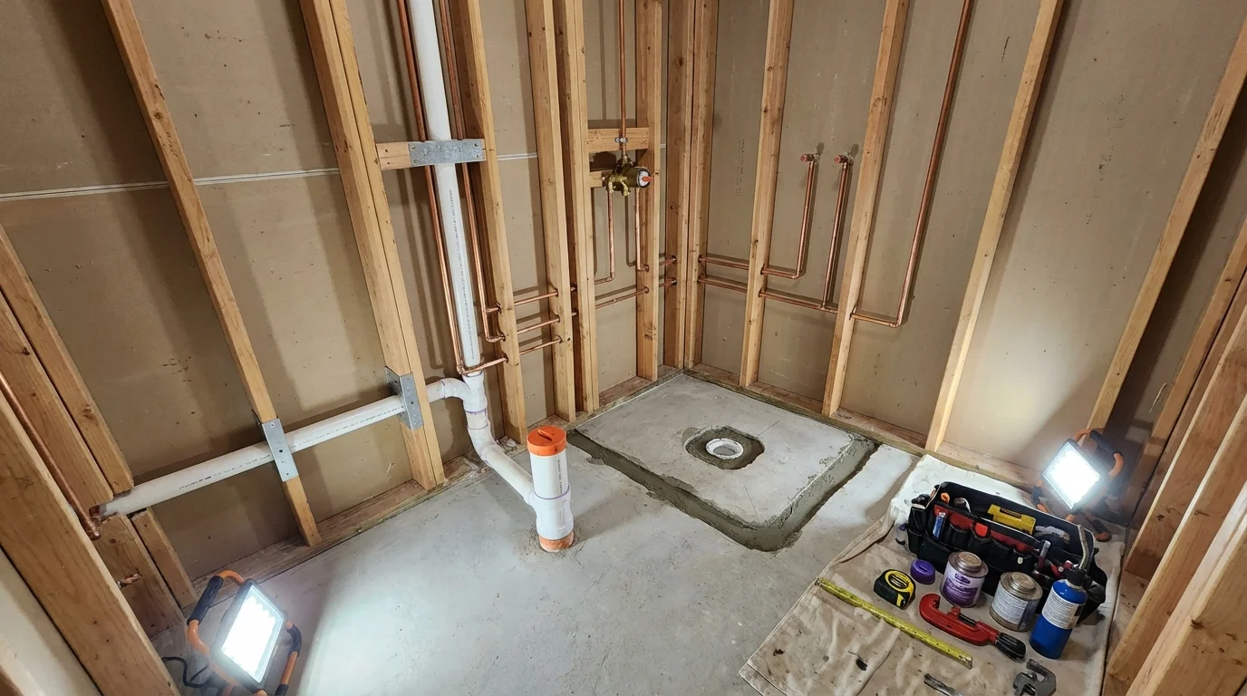 Bathroom rough-in plumbing during remodel by Johns Plumbing LLC in Rome City