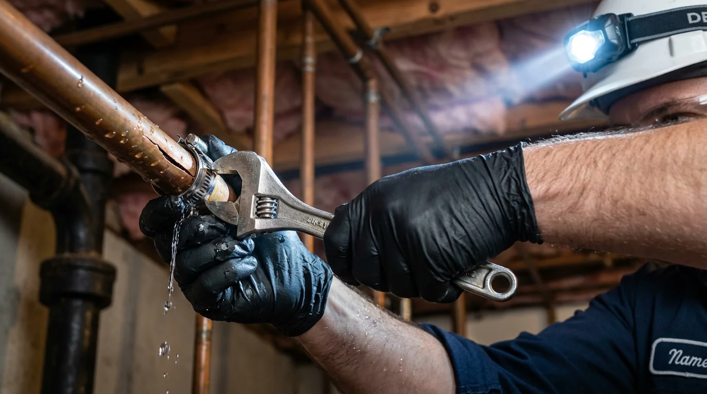 Emergency pipe clamp repair being performed by a Johns Plumbing LLC plumber in Rome City