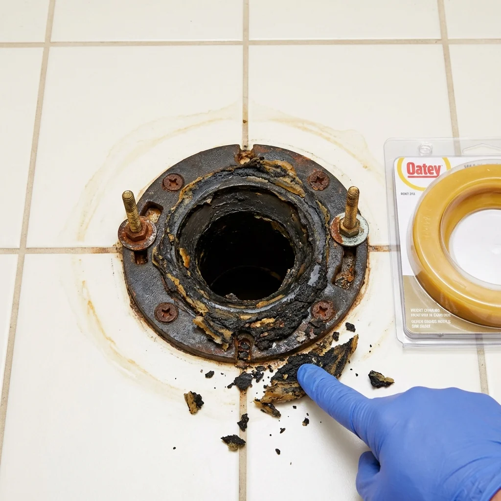 Failed wax ring showing water seepage at the base of a toilet in a Rome City, IN home