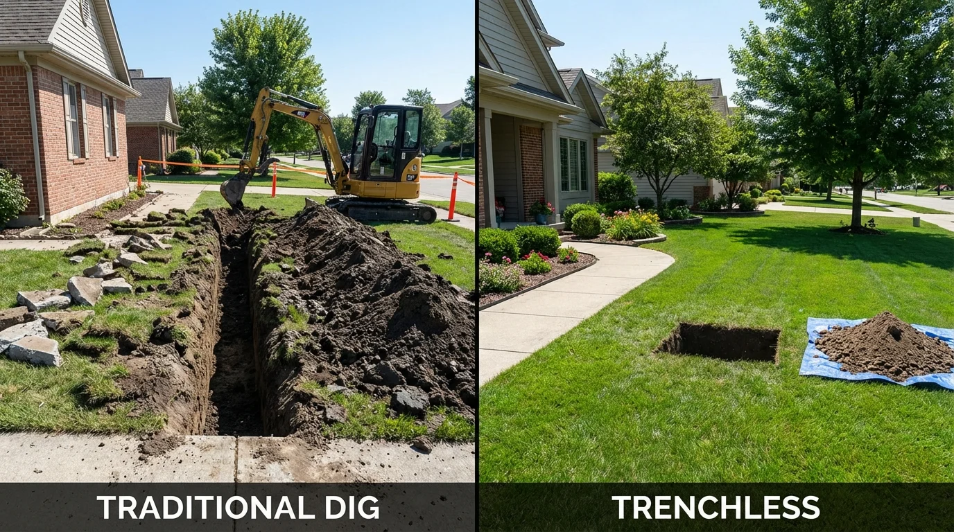 Trenchless sewer repair with minimal yard damage versus traditional excavation in Rome City, IN