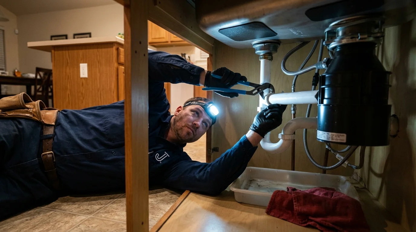 P-trap and supply line connections under a kitchen sink showing a common leak point in Rome City, IN